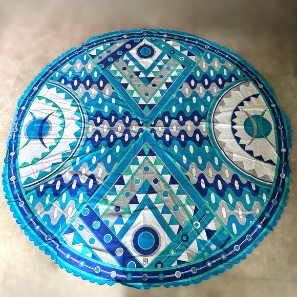 Vintage Emilio Pucci Blue Mod Mid Century Round Tablecloth & 3 Napkins Set Rare - Picture 2 of 14